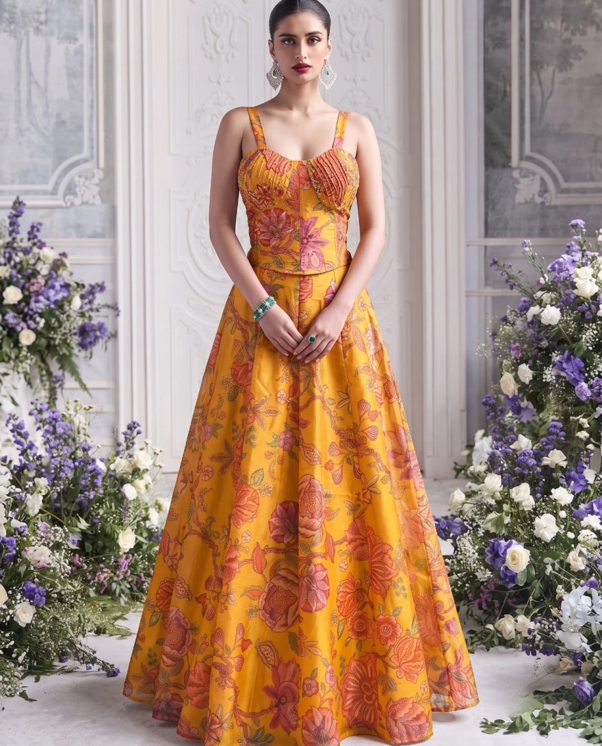 YELLOW - Mustard Floral Tabby Organza Party Wear Lehenga Set